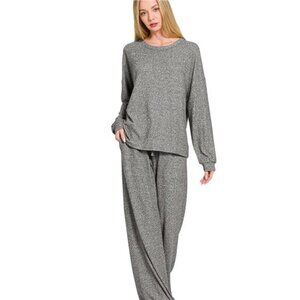 nwt Zenana Soft Melange Hacci Long Slv Tee & Pants Set